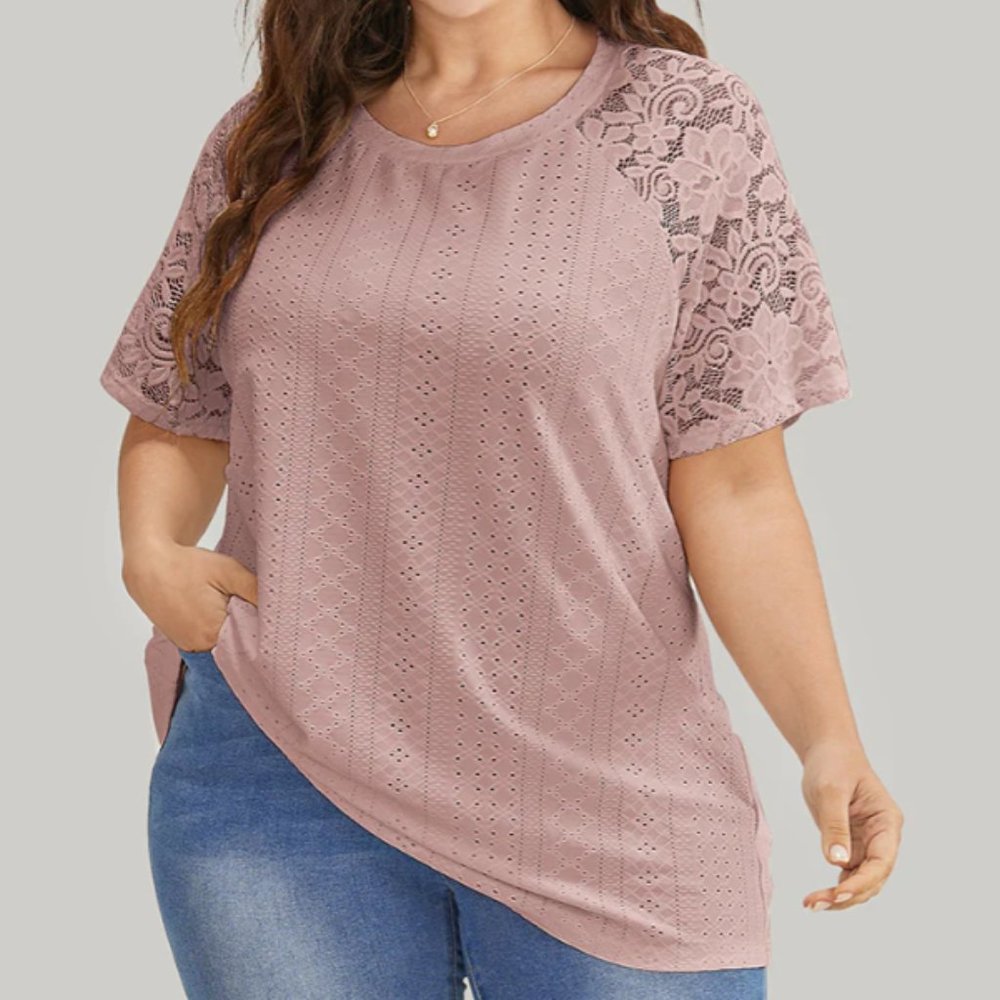 Solid Broderie Anglaise Lace Raglan Sleeve T-Shirt